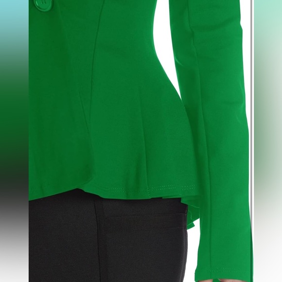 Kelly Green Double Notch Lapel Sharp Shoulder Pad Single Button Peplum Blazer - Picture 5 of 12